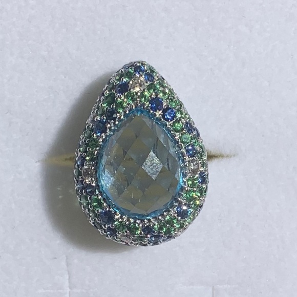 Massive Pear Aquamarine Emerald Diamond Ring - Picture 2 of 5